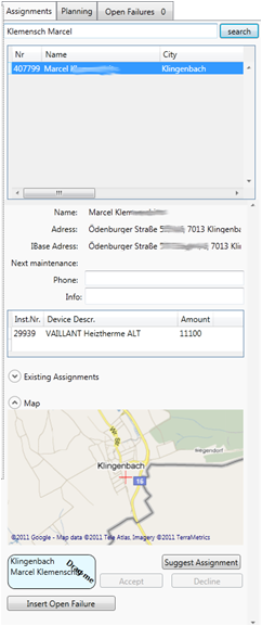 The detail area is not only showing the details of selected items in the planning area but the user can perform a wide range of interactions: search for customers, insert new assignments, insert new open failures, and plan customers with due maintenance contracts.