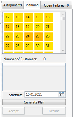 Planning is done by selecting the week numbers: for the due contracts of the selected weeks a tour plan will be generated using the savings algorithm[1].