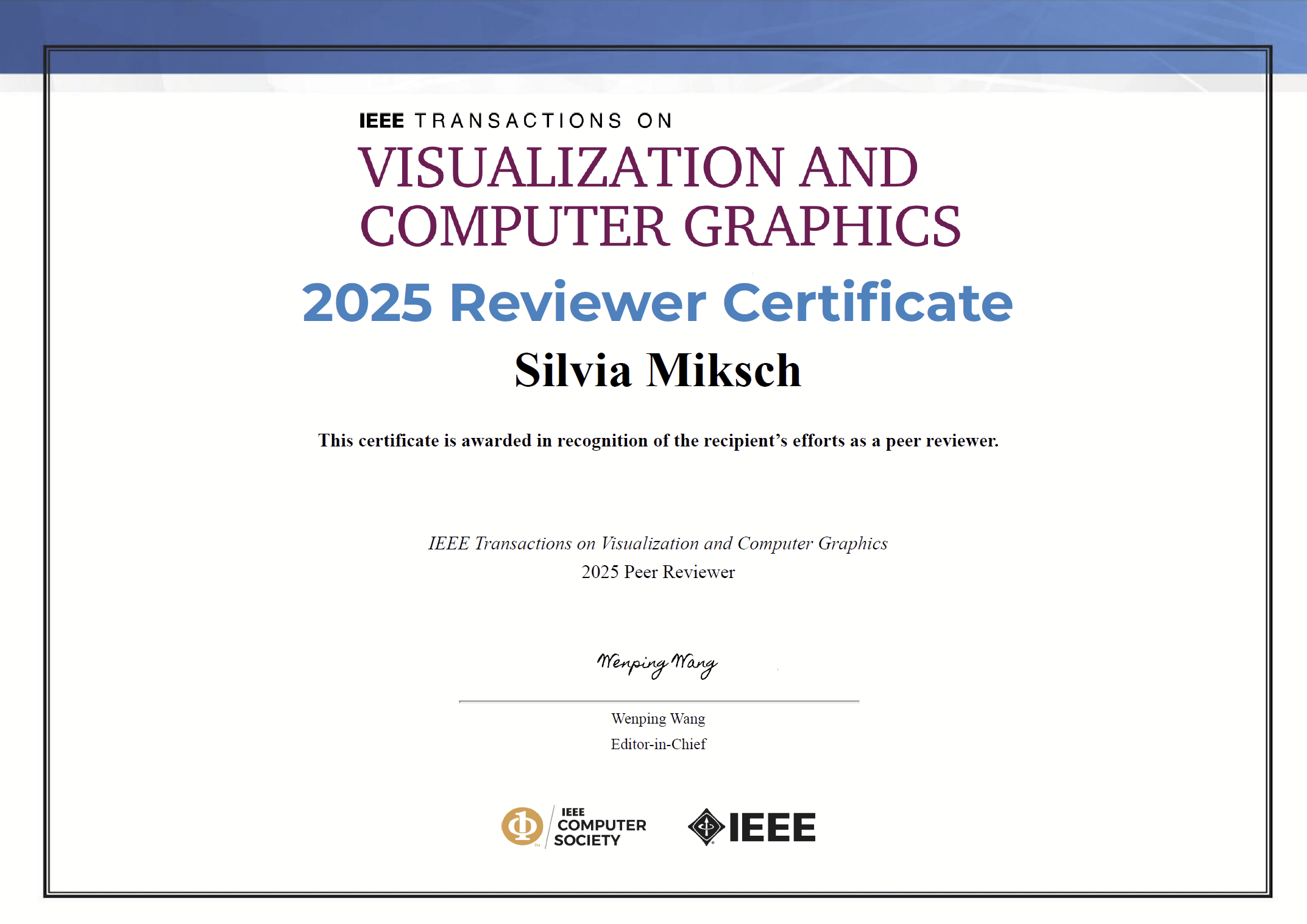 IEEE TVCG Reviewer Certificate